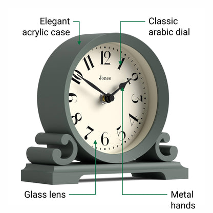 JONES CLOCKS® Saloon Mantel Clock | Small Traditional Double Scroll Design | Green | Contemporary Classic Style for Desk, Table, Shelf or Bedside