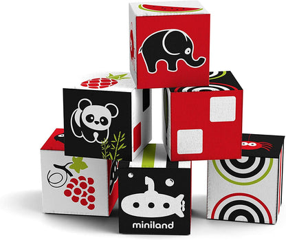Miniland First Senses 6 Cubes, Soft Baby Building Cloth Fabric Blocks , Infants 9 Months to 18 Months, Toddlers Stack, Build, Sort, Safe Travel Toy, Patterns and Pictures, Carry Case Included