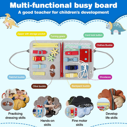 JHkim Busy Board Montessori Toys for 1 2 3 4 Year Old Boy & Girl Birthday Gifts, Autism Sensory Travel Toy for Toddlers 1-3, Educational Activity Sensory Busy Book for Learning Fine Motor Skills, Gray