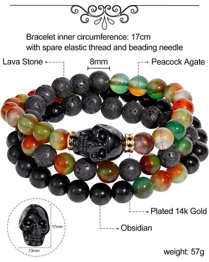 Xfoxstal Wrap Agate Stretch Beaded Bracelets Protection Obsidian Small Skull Lava Stone Bracelet for Women Essential Oil Diffusers Jewelry Meditation Gifts 8mm