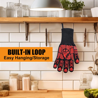 FITFIV BBQ Gloves, Oven Gloves, 1472°F Extreme Heat Resistant Barbecue Gloves, Silicone Non-Slip Oven Mitts, Kitchen for Cooking, Grilling, and Baking