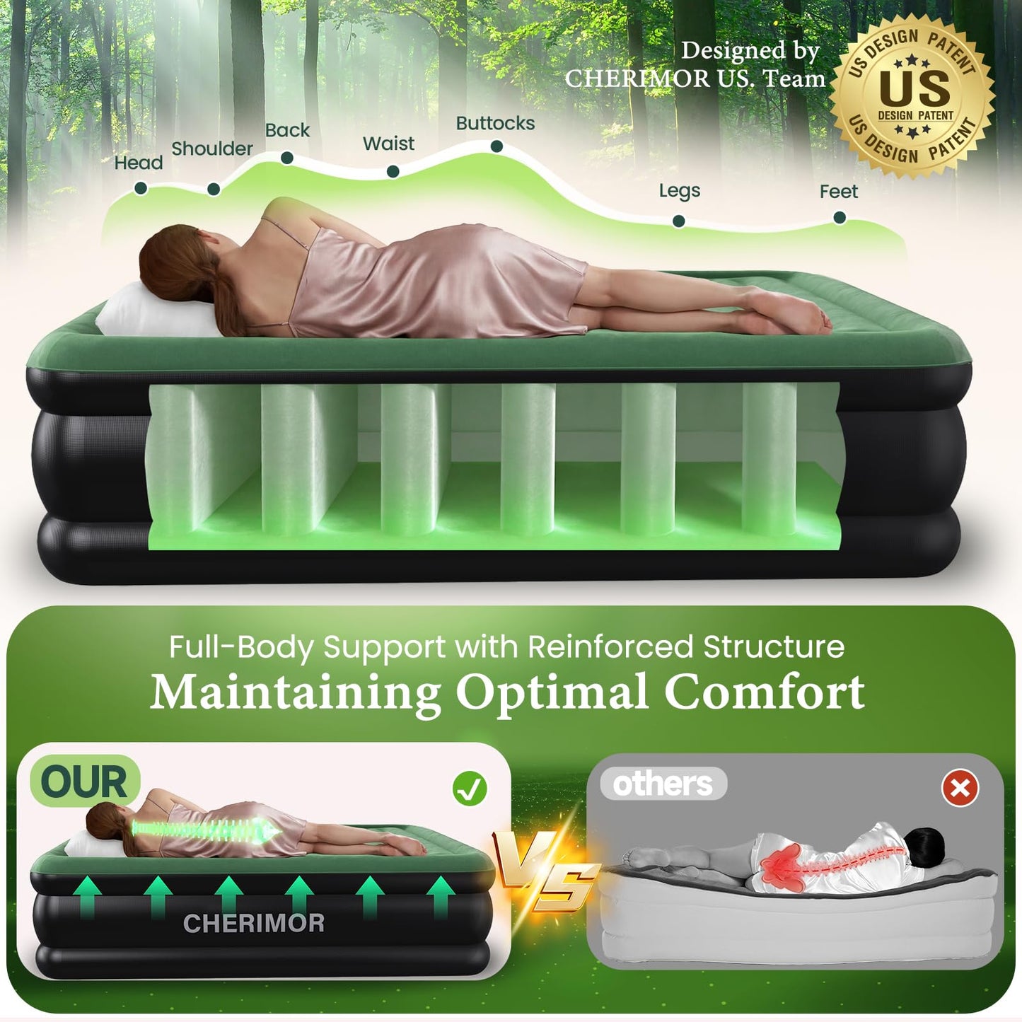 CHERIMOR Queen Air Mattress with Built-in Pump, 18" Raised Comfort, 800lbs Heavy-Duty Support, Anti-Sag Horizontal Beam, Leak-Resistant Design, 3-Min Fast Inflation Blow Up Bed for Guests & Camping