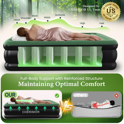 CHERIMOR Queen Air Mattress with Built-in Pump, 18" Raised Comfort, 800lbs Heavy-Duty Support, Anti-Sag Horizontal Beam, Leak-Resistant Design, 3-Min Fast Inflation Blow Up Bed for Guests & Camping