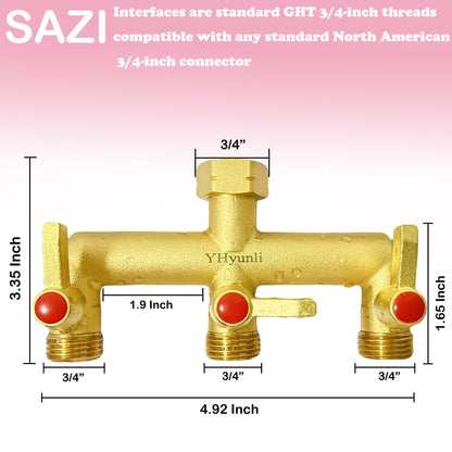 Garden Hose Splitter, 3 Way Hose Splitter, Full Flow 3/4” Rust & Freeze, Outdoor Heavy Duty Brass 3-Way Valve Faucet Adapter, Metal Extended Labor Saving Handle