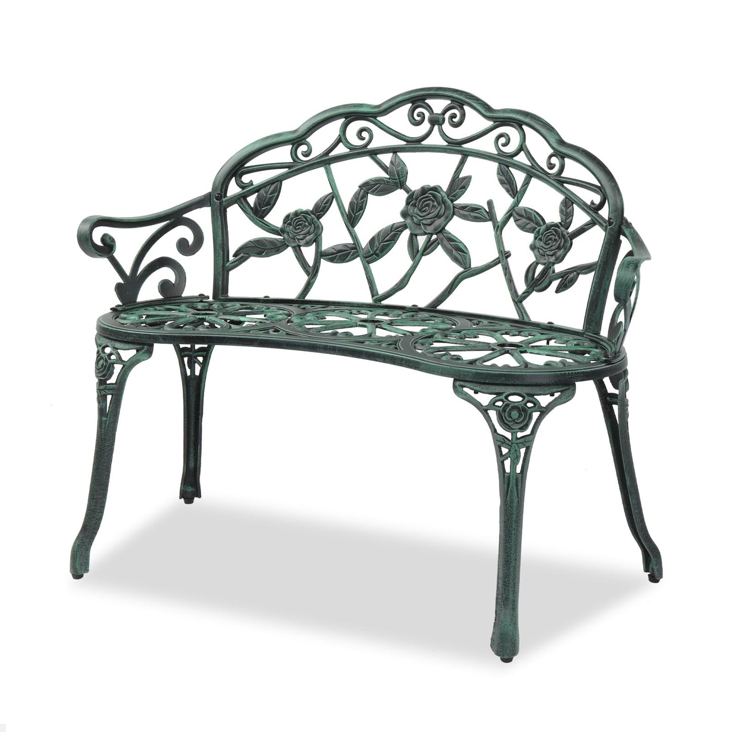 VINGLI 38.5" Patio Park Garden Outdoor Metal Rose Bench, 2-Person Cast Iron Cast Aluminium Frame Antique Finish Chair,Accented Lawn Front Porch Path Yard Decor Deck Furniture (Green, Rose)