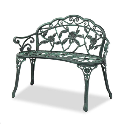VINGLI 38.5" Patio Park Garden Outdoor Metal Rose Bench, 2-Person Cast Iron Cast Aluminium Frame Antique Finish Chair,Accented Lawn Front Porch Path Yard Decor Deck Furniture (Green, Rose)
