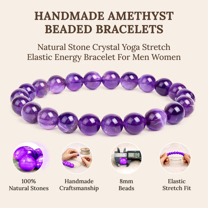Elm City Direct 8mm Natural Stone Beaded Bracelet – Unisex Crystal Stretch Bracelets for Men & Women, Chakra & Healing Jewelry, Gift-Ready Beaded Bracelets (Amethyst, 8mm)