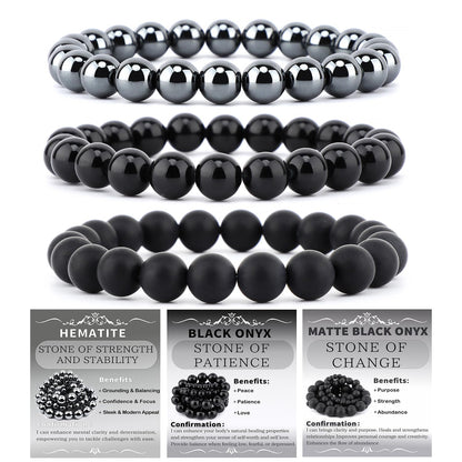 NCB 3-Piece 8mm Natural Crystal Gemstone Stretch Bracelets – ﻿Black Onyx, Hematite, Matte Black Agate Handmade Reiki Energy Healing Jewelry for Meditation,Yoga, Unisex