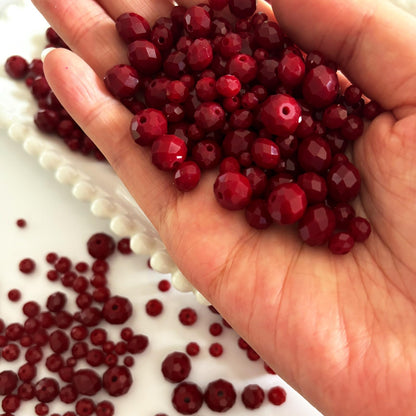 CrzBeadss 780Pcs Briolette Crystal Glass Beads for Jewelry Making, 3-10mm Faceted Red Crystal Beads for Bracelets, Rondelle Glass Beads Bulk for Crafts Wine Charms Wind Chimes Suncatchers
