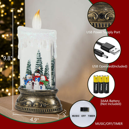 Eldnacele Christmas Music Snow Globe Lantern with 6H Timer Battery Operated & USB Powered Lighted Snowman Family Singing Snow Globe Candle Lamp Spinning Water Glitters Xmas Holiday Decor