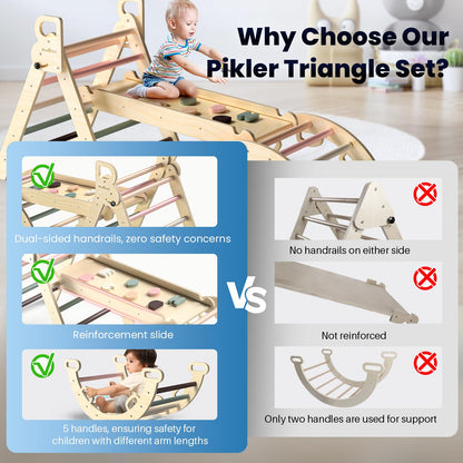 BlueWood Pikler Triangle Set, 7-in-1 Foldable Wooden Toddler Climbing Toys Indoor Playground Jungle Gym Montessori Philosophy Climber for 2-6 Years Old, Baby, Kids (Mauve Pink)