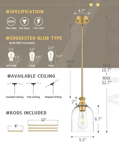 Autelo Gold Pendant Lights, 1-Light Pendant Lights Kitchen Island in Brushed Gold Finish with Clear Cylinder Glass, Vintage Pendant Light Fixtures, Vintage Hanging Lights for Kitchen Island H2511 CLBG