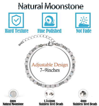 4mm Moonstone Tiny Beaded Bracelets For Women, Energy Gem Charm Jewelry Adjustable Bracelet Gifts for Mom, Daughter, Wife, Coworkers, Friends, Bestie