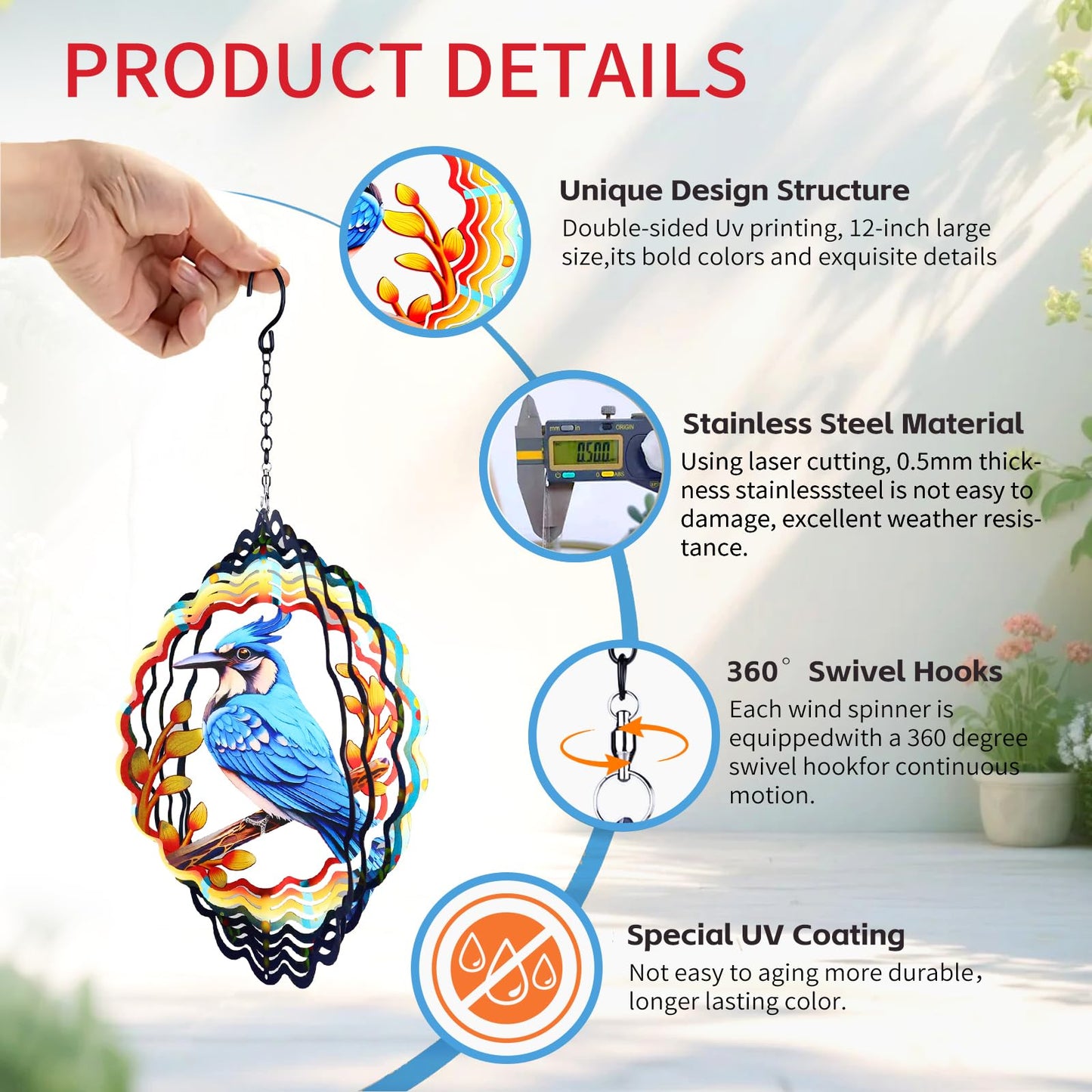 Metal Wind Spinners Hanging,12 Inch 3D Stainless Steel Blue Bird Wind Spinner Gifts for Women Mom Grandma Blue Jay Garden Decor Wind Sculpture Decoration for Yard Art, Outdoor, Porch, Backyard, Patio