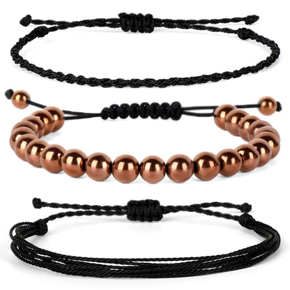 QOGIR Handmade Healing Bracelet,8mm Natural Copper Hematite Gem Stone Beads Bracelet for Men Women Gifts with 2PCS Size Adjustable Rope Bracelets