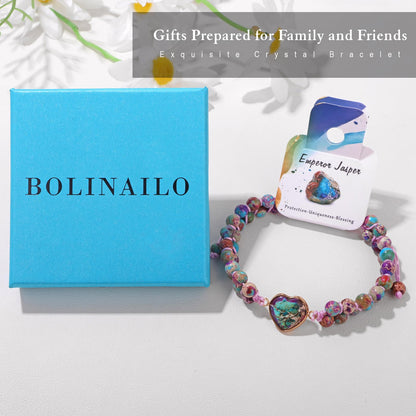 Bolinailo Natural Stone Bracelets for Women Crystal Beaded Bracelets Jasper Heart Adjustable Bracelet Imperial Stone Healing Crystal Jewelry Mothers Day Christmas Graduation Gifts for Women Men