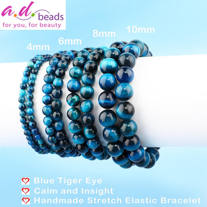 AD Beads 4mm Handmade Blue Tiger Eye Elastic Bracelet – Natural Gemstone for Calm and insight – Meditation, Yoga, Healing and Energy Gift for Men Women