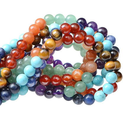 80Pcs Natural Crystal Stone Gemstone Round Loose Energy Healing Beads with Free Crystal Stretch Cord for Jewelry Making (7-Chakra Beads, 10MM)