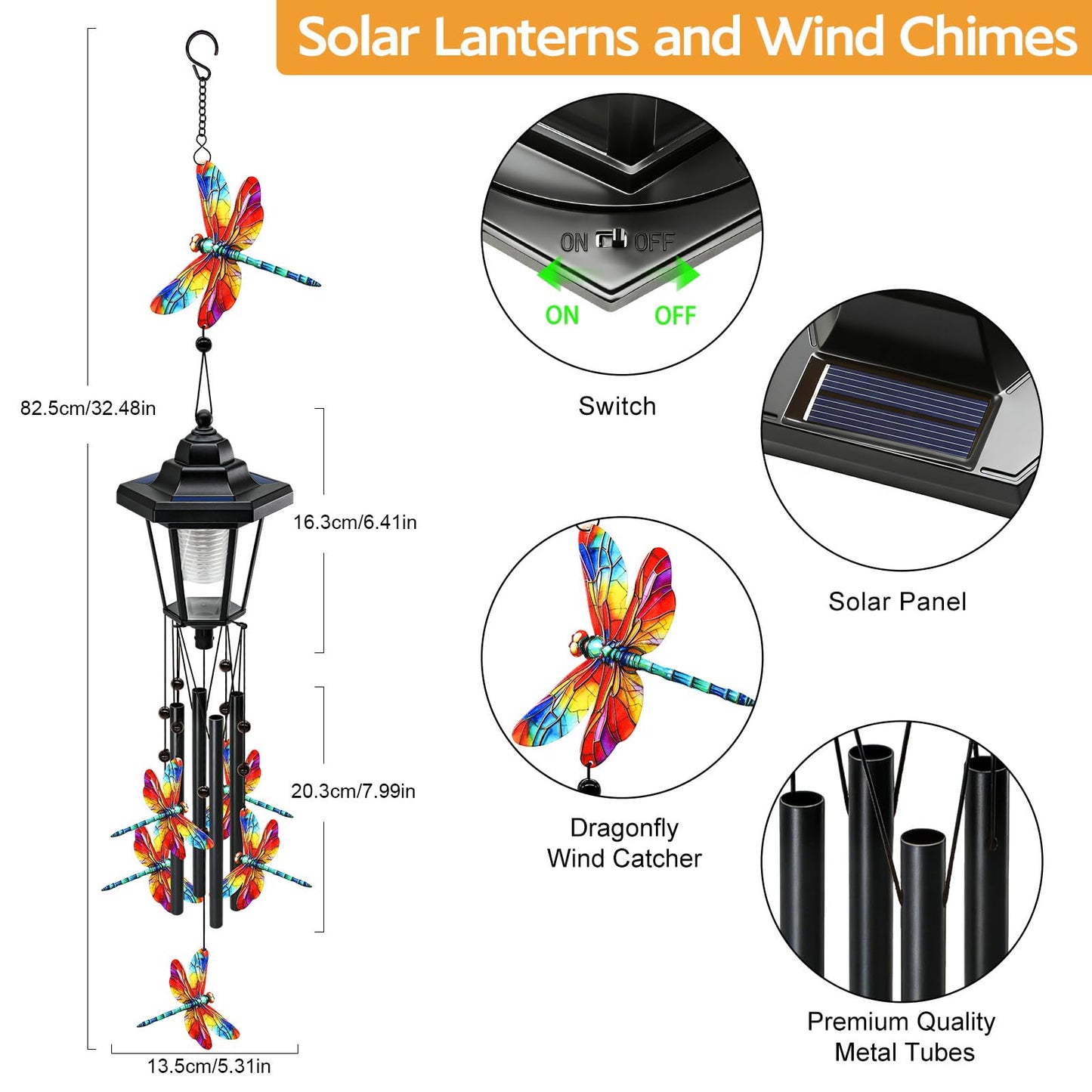 Large Solar Dragonfly Wind Chimes, Gifts for Women Mom Grandma Wife Sister Daughter Neighbor, Black Metal Wind Chimes with Wind Catcher, Solar Decor Lights for Outdoor Garden Patio Yard Porch Window