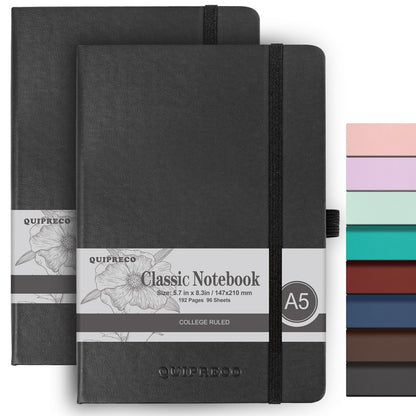 2Pack Lined Hardcover Journal Notebook, A5 192 Pages 100Gsm Thick Paper College Ruled for School,Note Taking,Work,Diary，5.7''*8.3'',Black