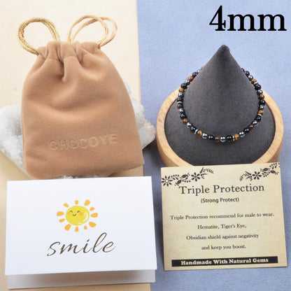 CHCCOYE 4mm Handmade Adjustable Natural Gemstone Crystal Bracelet Healing Power Energy Inspirational Gifts with Card for Unisex (Triple Protection)