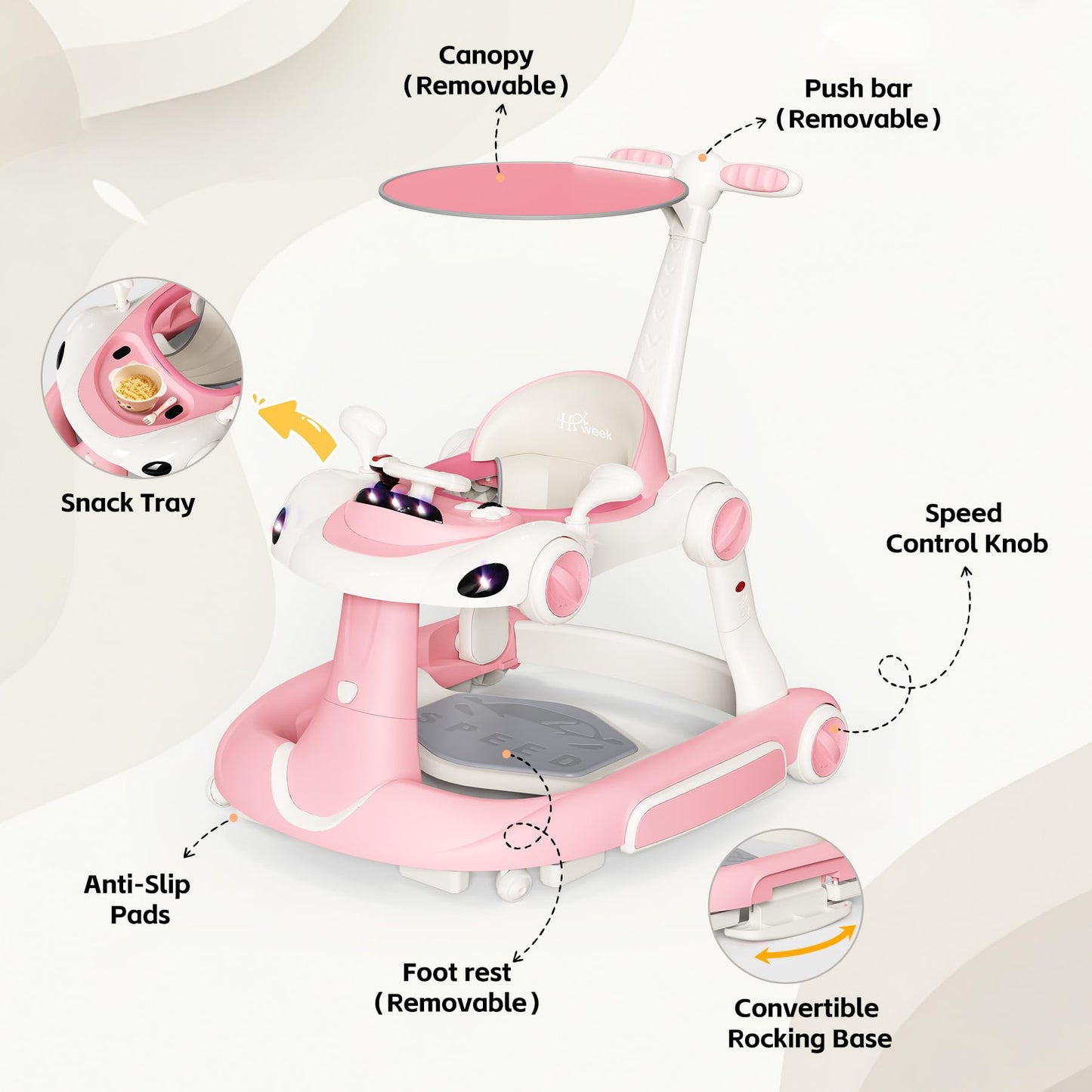 HAWEEK Baby Walker with Wheels, 7-in-1 Foldable Baby Walkers for Boys Girls 6-12 Months with Feeding Tray & Music, Lights,Rocker,Sun Canopy, Bouncing Pedal, Adjustable Wheel Speed, Push Walker (Pink)