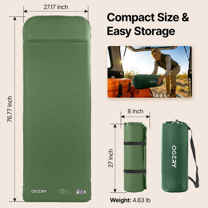 OGERY Self-Inflating Sleeping Pad with Built-in Foot Pump, 3" Memory Camping Mattress Pad, Quiet & 9.5 R-Value Insulated Sleeping Mat Camping Essential Gear for Car Tent Camping