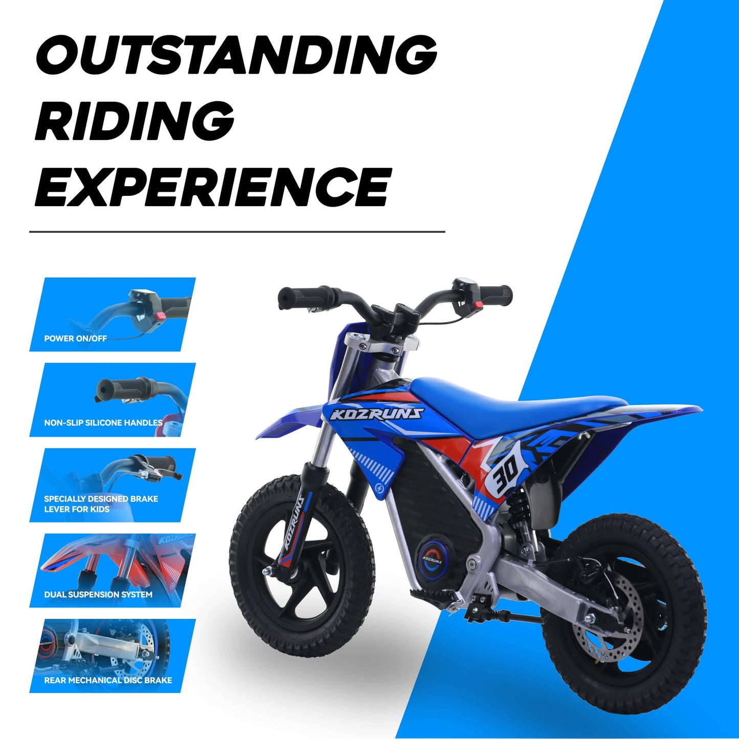 OLALA 36V Electric Dirt Bike for Kids 3-6, 250W Brushless Motor with 3-Speed Control, 15.5 MPH Max Speed, 12" Off-Road Tires Motorcycle, for Boys & Girls, Blue