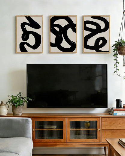 PHOPAGO Black Abstract Wall Art Ink Wash Minimalist Lines Framed Canvas Painting Artwork 11x14in Natural Framed