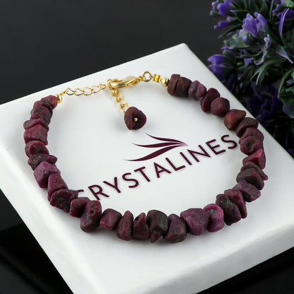 CRYSTALINES Natural Raw Ruby Gemstone Dainty Bracelet, 14K Gold Plated, Rough Stones, Handmade Hypoallergenic Jewelry, Healing Crystals, July Birthstone, Gift for Women, 7+1inch