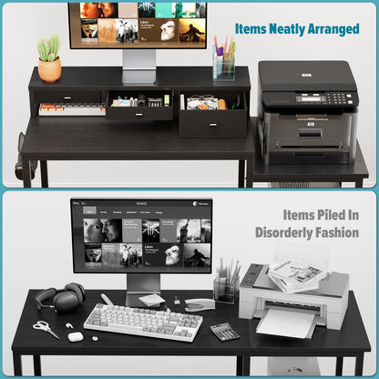 SINPAID 47 inch Computer Desk with Printer Shelf, Gaming Desk with Monitor Stand and Drawers, Reversible Home Office Desk with Storage Shelves and 2 Hooks, Home Workstation for Study Writing, Black