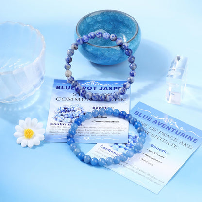 NCB 2-Piece 6mm Natural Crystal Gemstone Stretch Bracelets – ﻿Blue Aventurine, Blue Spot Handmade Reiki Energy Healing Jewelry for Meditation,Yoga, Unisex