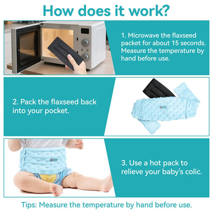 Colic and Gas Relief for Newborns and Infants, Flaxseed Heated Tummy Wrap - Microwaveable Baby Heating Pad with Soothing Warmth, Natural Relief for Gas and Upset Stomach, Bule