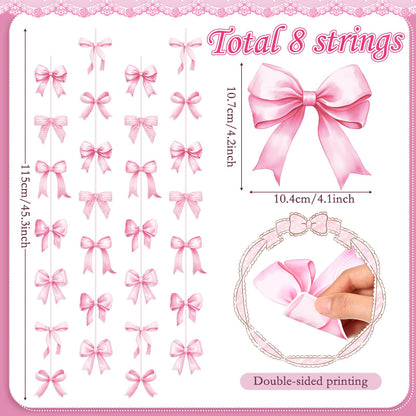 Daifunli 8 PCS Bow Decorations Bow Hanging Banners Garland Banners Paper Cutouts Ribbon Streamers for Birthday Bridal Engagement Bachelorette Wedding Party Decor(Pink)