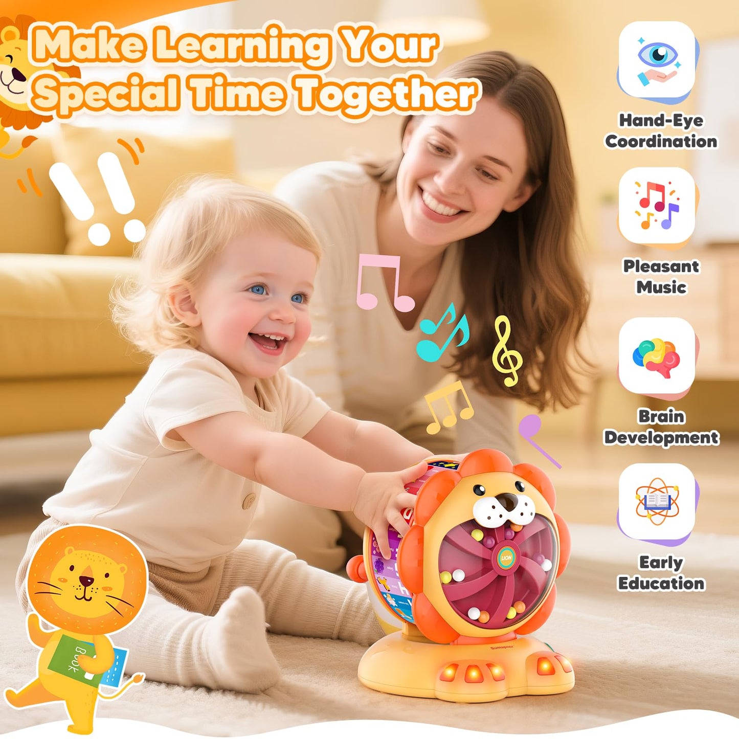 Alphabet Learning Toys for Toddlers 1-2 Year Old, Lion Spin and Sing ABC Letter Interactive Toys with Lights Sound, Musical Educational Toys for Boys Girls Kids, First Christmas Birthday Gift