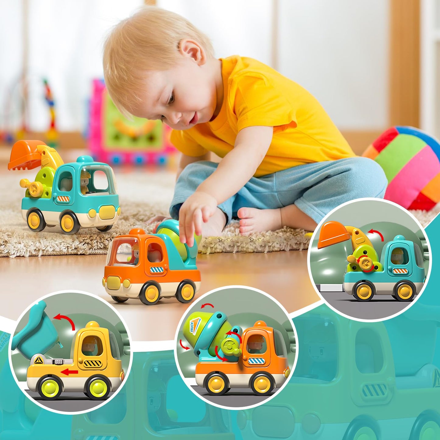 PANITU Baby Toys Push Cars for 1 2 3 Year Old Friction Powered Construction 3 Pack Friction Vehicle Set Excavator Dumper Cement Mixer Truck Lights and Musial Toys Birthday Gifts for Toddlers 1-3