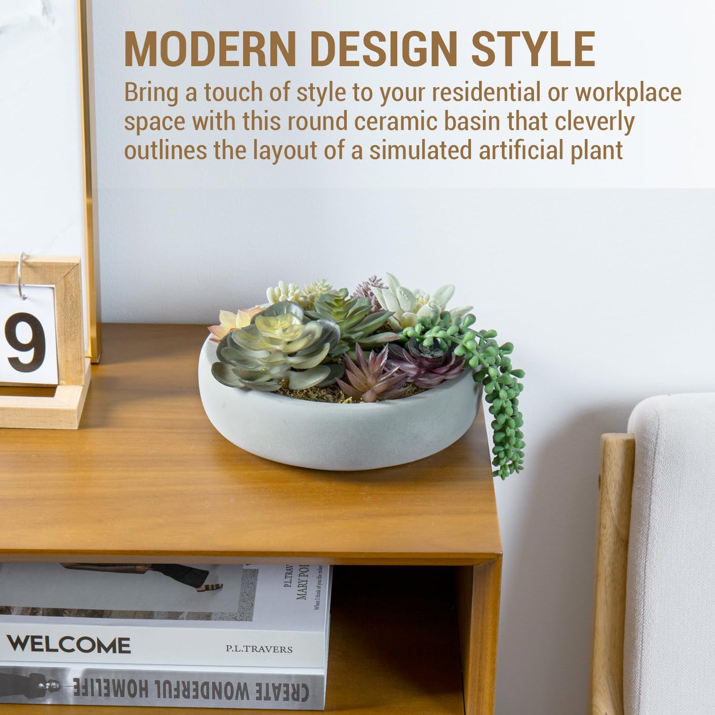 MyGift 8 Inch Round Modern Artificial Succulent Arrangement Potted in Gray Concrete Plant Bowl, Assorted Faux Mini Succulents in a Decorative Planter Pot