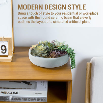MyGift 8 Inch Round Modern Artificial Succulent Arrangement Potted in Gray Concrete Plant Bowl, Assorted Faux Mini Succulents in a Decorative Planter Pot