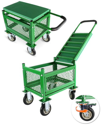Ryansunoro Garden Seat with Cart and Wheels - Lockable 360 Swivel Wheels & Heavy-Duty - Foam Handle Grip, Large Mesh Storage Basket - Comfortable Garden Rolling Seat for Seniors, Patio, Lawn & Yard