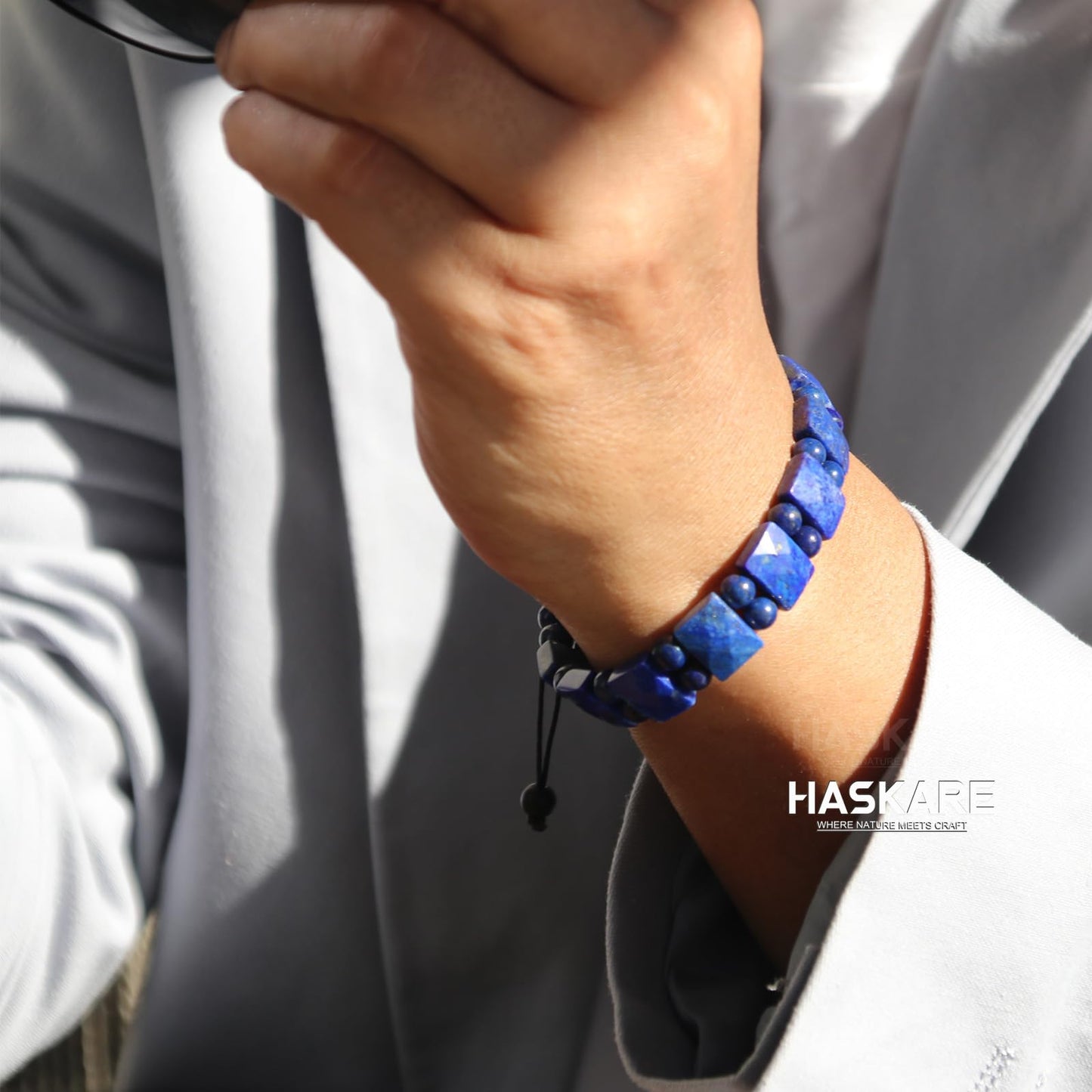 HASKARE Mens Jewelry Beads Crystal Bracelet for Men, Energy Bead Bracelets Healing Stone Lapis Lazuli Bracelet, Real Blue Gemstone Protection Crystals Woven Drawstring Anxiety Bracelets Gift for Him