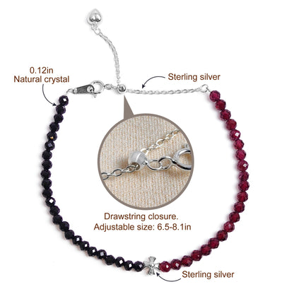 TAGREVO Natural Garnet & Black Spinel Crystal Two-Tone Faceted Bead Bracelet, 925 Silver Cross Charm Jewelry for Women, Handmade Adjustable Dainty Gemstone Beads for Daily Wear