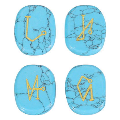 MECCANIXITY 4Pcs Engraved Chakra Stones with Reiki Symbols, Blue Howlite Reiki Healing Crystal Gemstone 7 Chakra Crystal Stones Tumbled Palm Stone for Anxiety Relieve