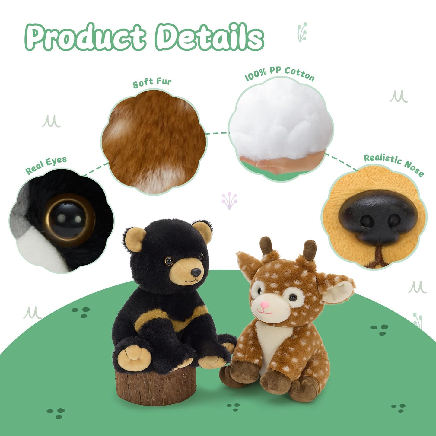 MaoGoLan 5 Pcs Woodland Animals Bulk Stuffed Woodland Toys Baby Shower Party Decorations, 8'' Grizzly Bear Deer Fox Raccoon Red Panda Forest Party Favors Gifts Mother's Day