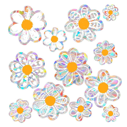 12pcs Spring Summer Daisy Window Stickers, Double-Side Glass Decals Shiny Rainbow Prism Anti Collision Window Clings for Mirror Glass Display Shop Office School Supplies Reusable