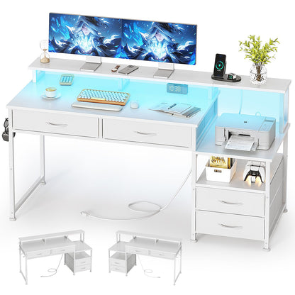 MUTUN 53" Computer Desk with 4 Drawers & Power Outlets, Reversible Home Office Desk with Monitor Stand & Printer Stand, Gaming Desk with Led Lights, Study Writing Work Desk Table for Bedroom (White)