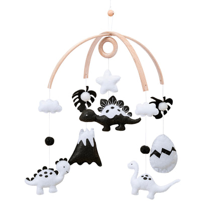 Dinosaur Crib Mobile – High-Contrast Black & White Nursery Decor for Newborn Baby Room, Handmade for Boy & Girl, Natural Wood & Fabric, Plastic-Free, Ready-to-Gift