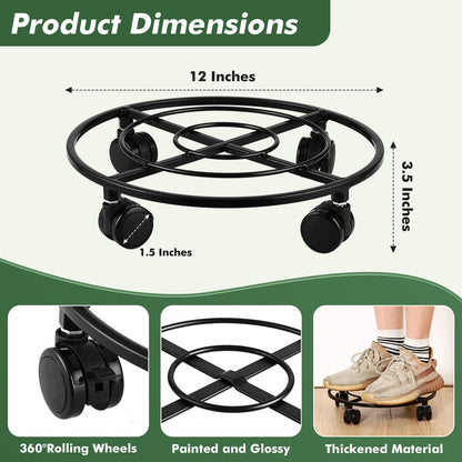 6 Packs Large Metal Plant Caddy 12" Heavy-duty Plant Dolly with PU Wheels Wrought Iron Rolling Plant Stand with Casters Indoor Outdoor Plant Pot Movers Planter Rollers Coaster Trolley, Black
