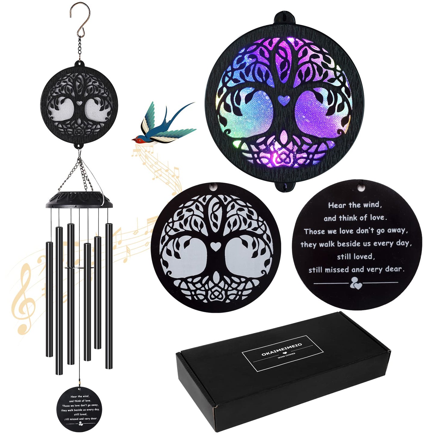 Solar Tree of Life Wind Chimes - Memorial Gift for Mom, Outdoor Garden Decor