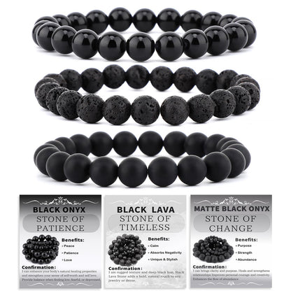 NCB 3-Piece 8mm Natural Crystal Gemstone Stretch Bracelets – ﻿Black Lava, Black Onyx, Matte Black Agate Handmade Reiki Energy Healing Jewelry for Meditation,Yoga, Unisex