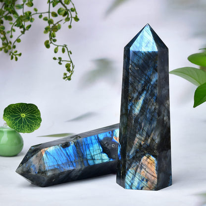 FZBHRO Large Labradorite Towers Crystal Point Obelisk 6 Faceted Healing Crystal Stone Wand for Meditation Gift 0.8-1.3 Pound